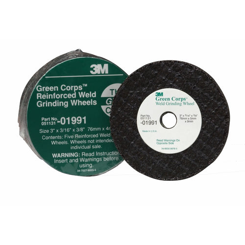3M - 01991 - Green Corps Reinforced Weld Grinding Wheel, 3 in x 3/16 in x 3/8 in