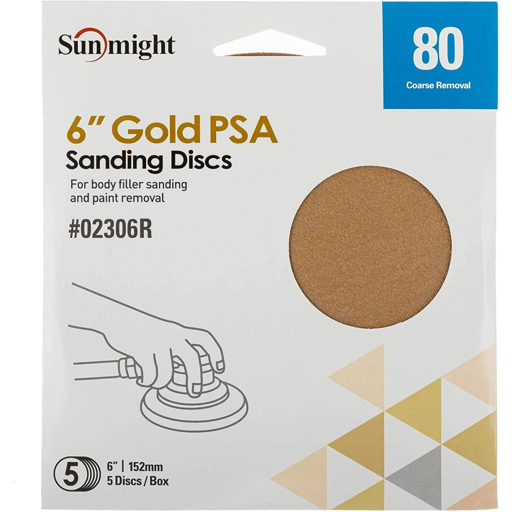 Sunmight - 02306R - 6 IN. Gold PSA Sanding Discs Grit 80 - 5/Pack