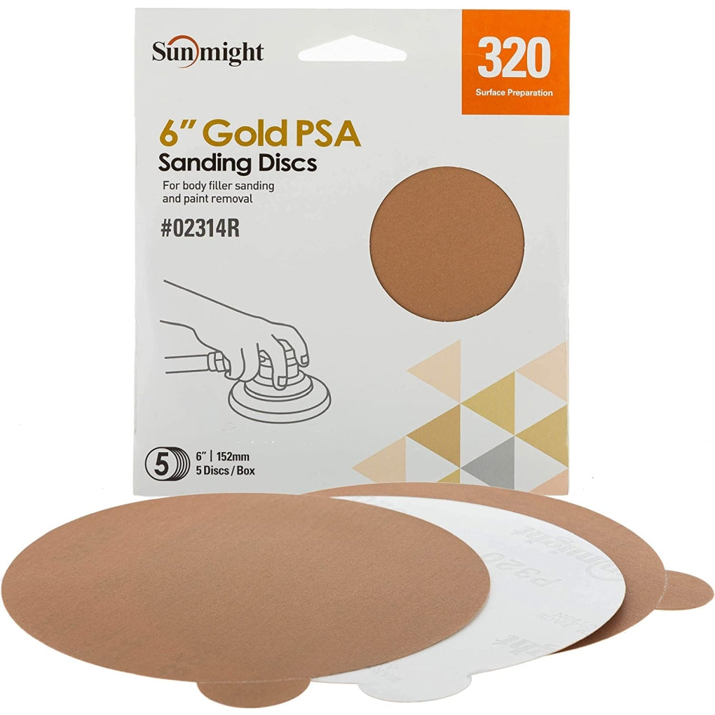 Sunmight - 02314R - 6 IN. Gold PSA Sanding Discs Grit 320 - 5/Pack