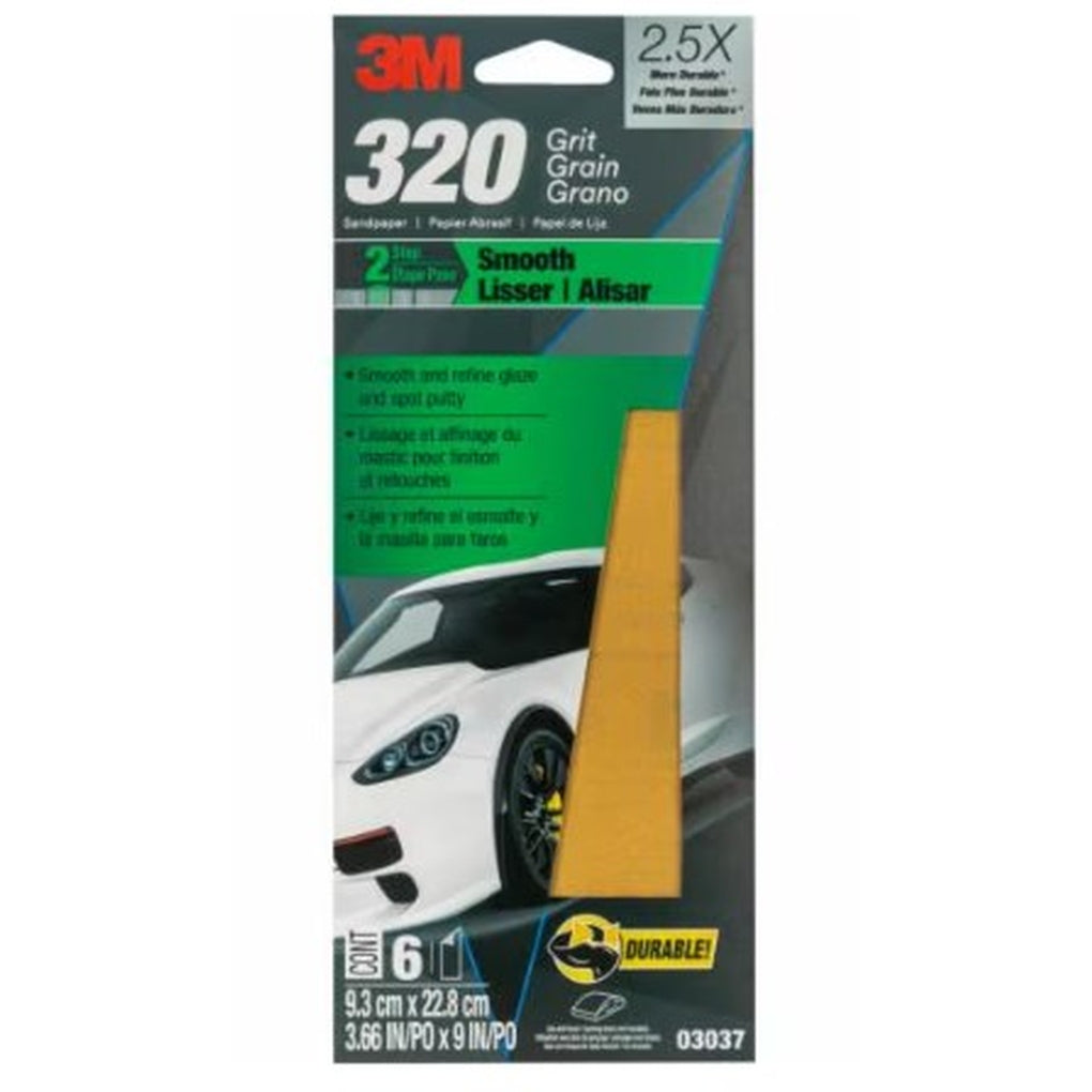 3M|03037|Sandpaper, 320 Grit, 3-2/3 in x 9 in, 6/Pack