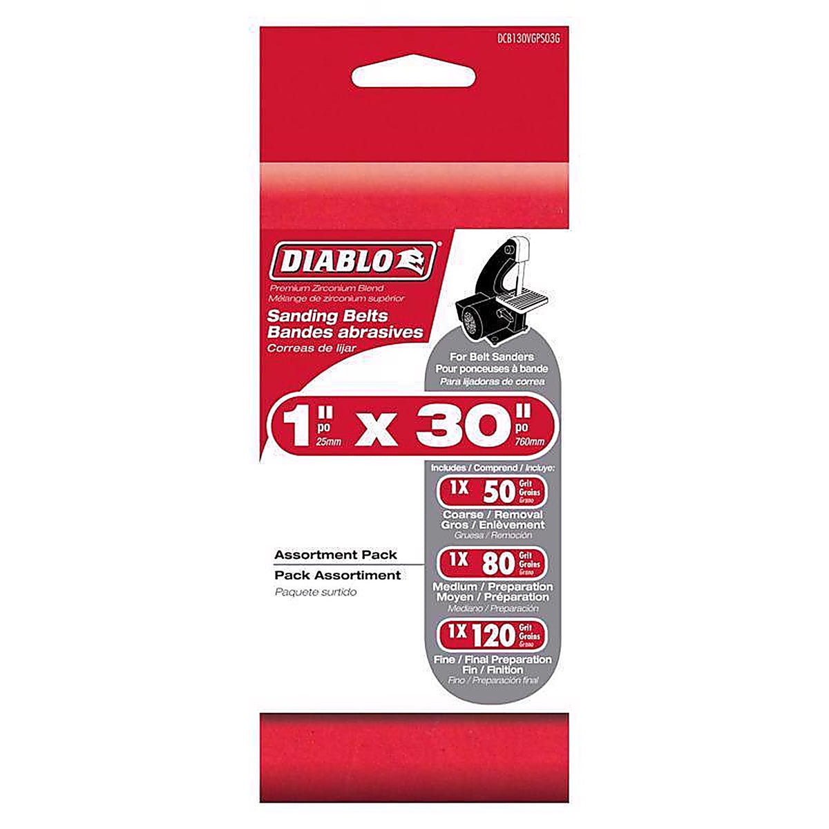 Diablo - DCB130VGPS03G - 30 in. L X 1 in. W Assorted Grit Zirconium Oxide Sanding Belt 3 pk
