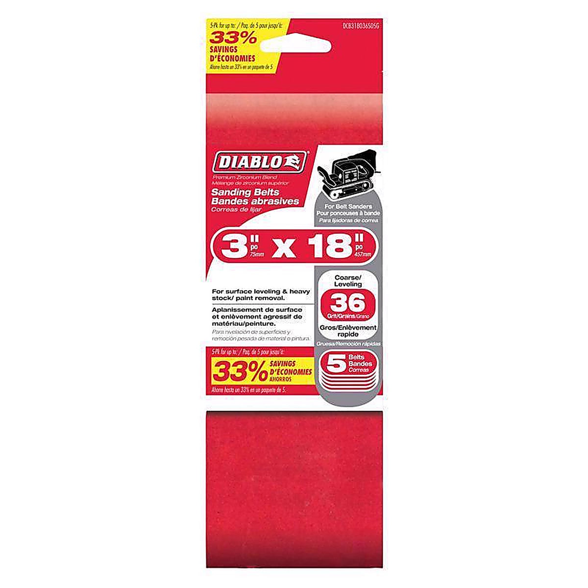 Diablo - DCB318036S05G - 18 in. L X 3 in. W 36 Grit Zirconium Oxide Sanding Belt 5 pk