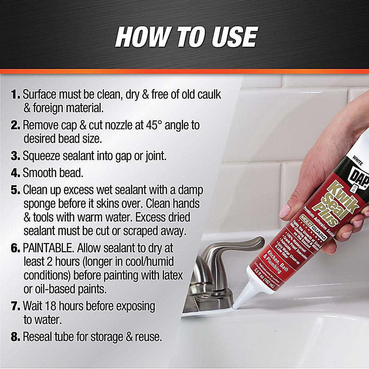 DAP - 7079818526 - Kwik Seal Plus White Siliconized Latex Kitchen and Bath Caulk 5.5 oz