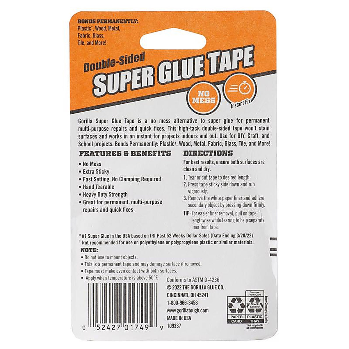 Gorilla - 109340 - Super Glue Double Sided 5/8 in. W X 20 ft. L Double Sided Tape White