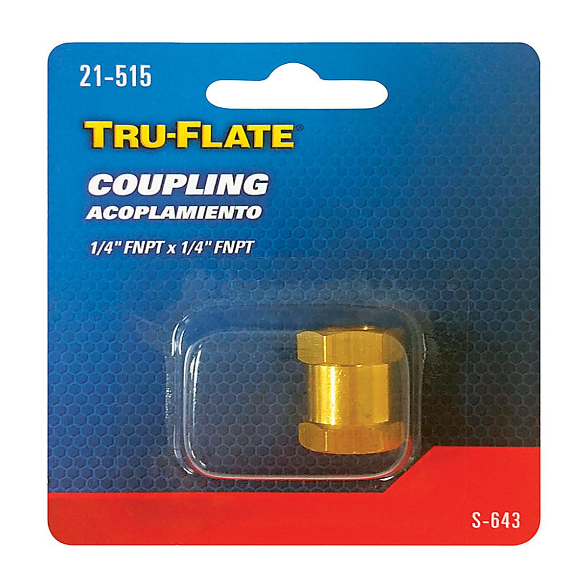 Tru-Flate - TRFL21515 - Brass/Steel Hex Coupling 1/4 in. Female 1 pc