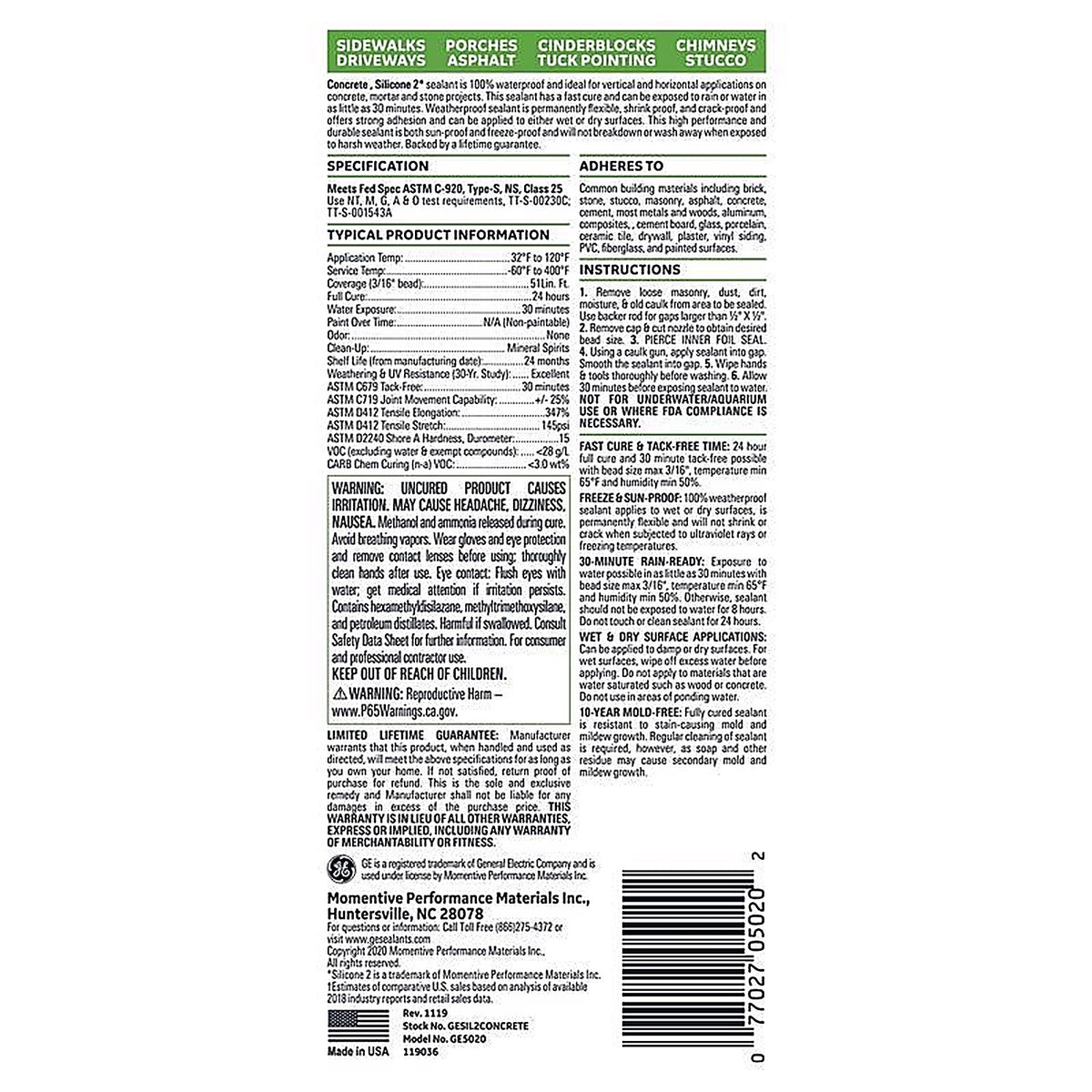 GE - 2816709 - Advanced Light Gray Silicone 2 Concrete and Masonry Caulk Sealant 10.1 oz