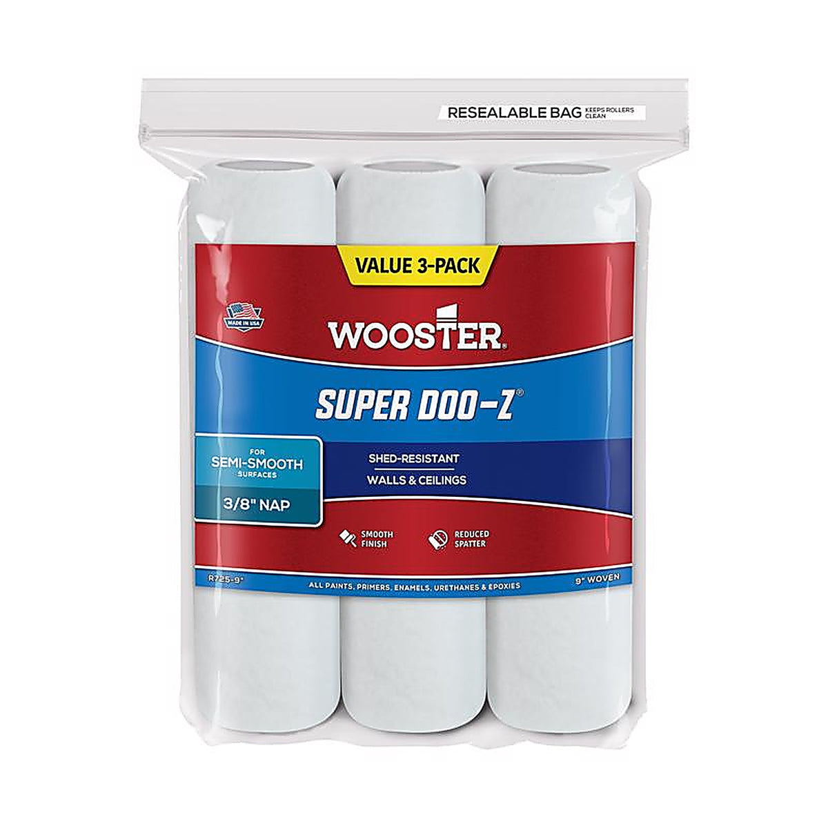 Wooster - R725-9 - Super Doo-Z Fabric 9 in. W x 3/8 in. Paint Roller Cover - 3/Pack