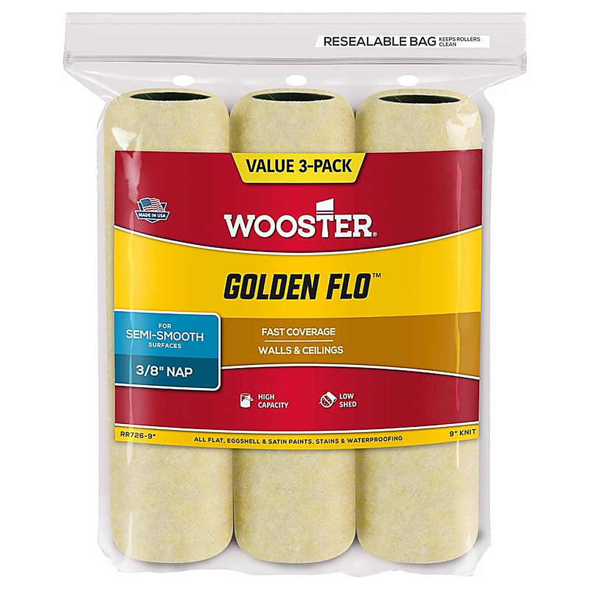 Wooster - RR726-9 - Golden Flo Fabric 9 in. W x 3/8 in. Paint Roller Cover - 3/Pack
