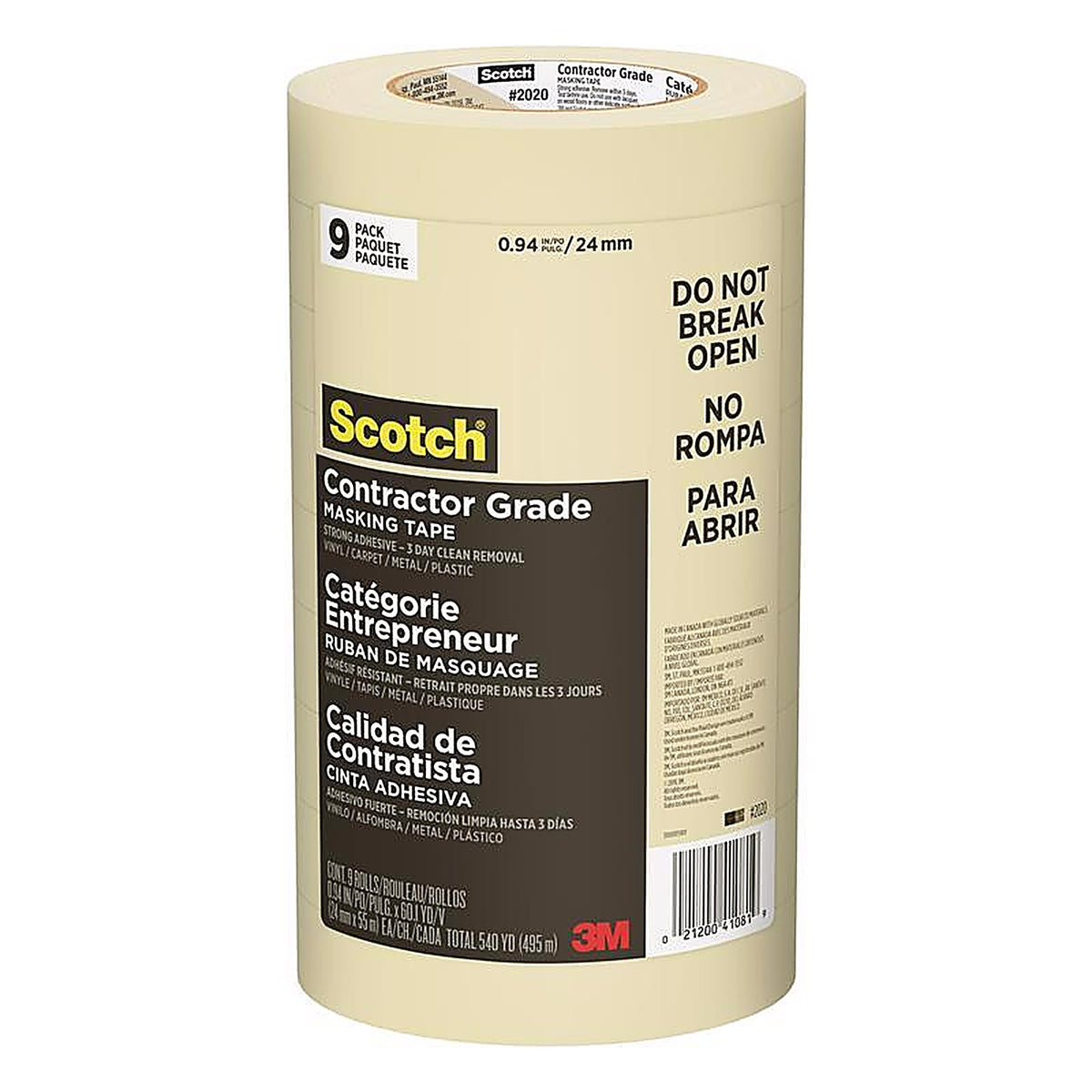 3M - 2020-24AP9 - Scotch 0.94 in. W x 60.1 yd. L Tan High Strength Masking Tape 9/Pack