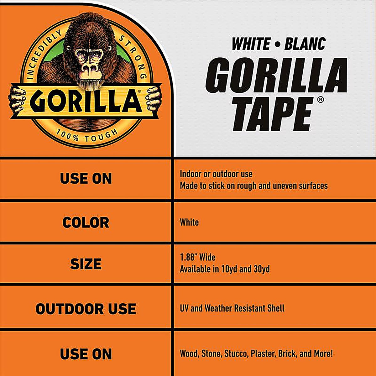 Gorilla - 6010002 - 1.88 in. W x 10 yd. L Tape White