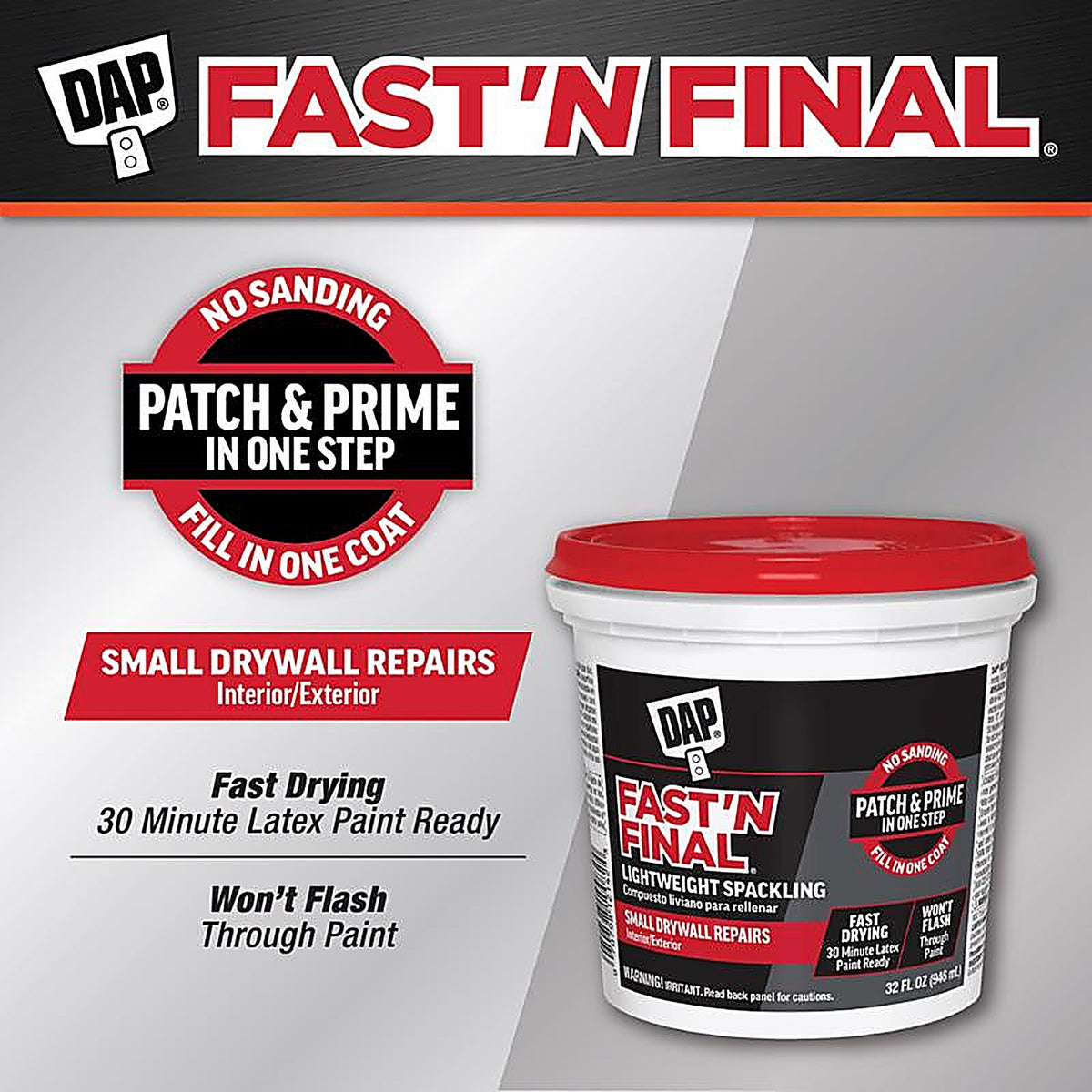 DAP - 7079812142 - Fast 'N Final Ready to Use White Lightweight Spackling Compound 32 oz