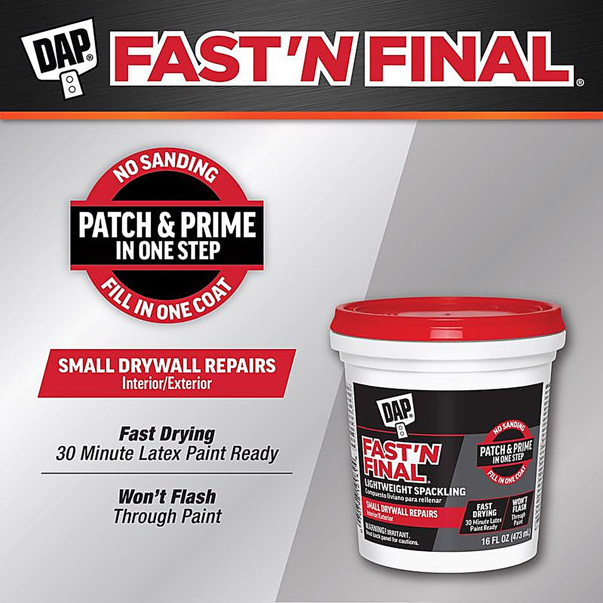 DAP - 7079812141 - Fast 'N Final Ready to Use White Lightweight Spackling Compound 16 oz