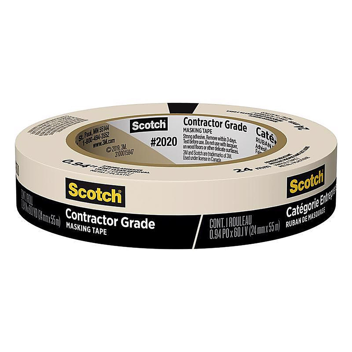 3M - 2020-24AP - Scotch Contractor Grade .94 in. W x 60.1 yd. L Beige Medium Strength Masking Tape - 1/Pack