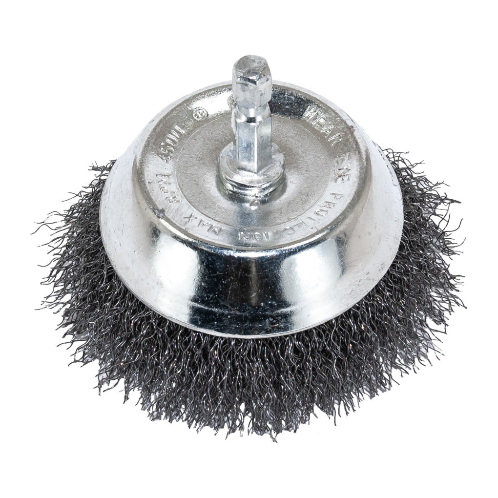 AES|1844|Fine Wire Cup Brush with Shank, 3 in, 1/4 in Shank, Steel, Brass - Coated