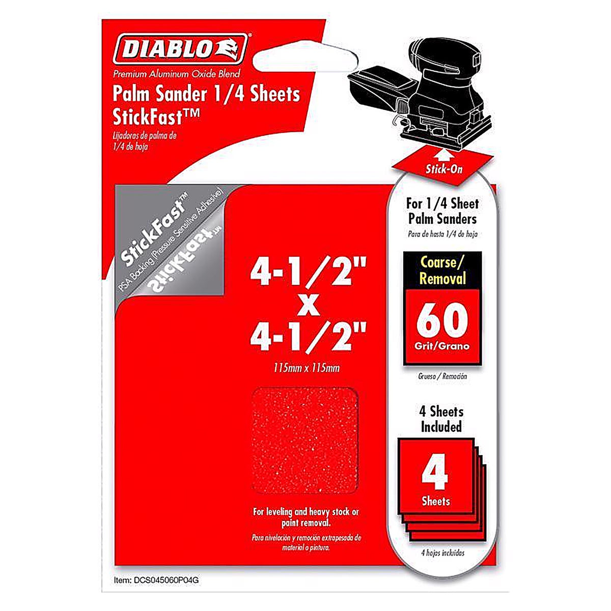 Diablo - DCS045060P04G - StickFast 4-1/2 in. L X 4-1/2 in. W 60 Grit Aluminum Oxide Sanding Sheet 4 pk
