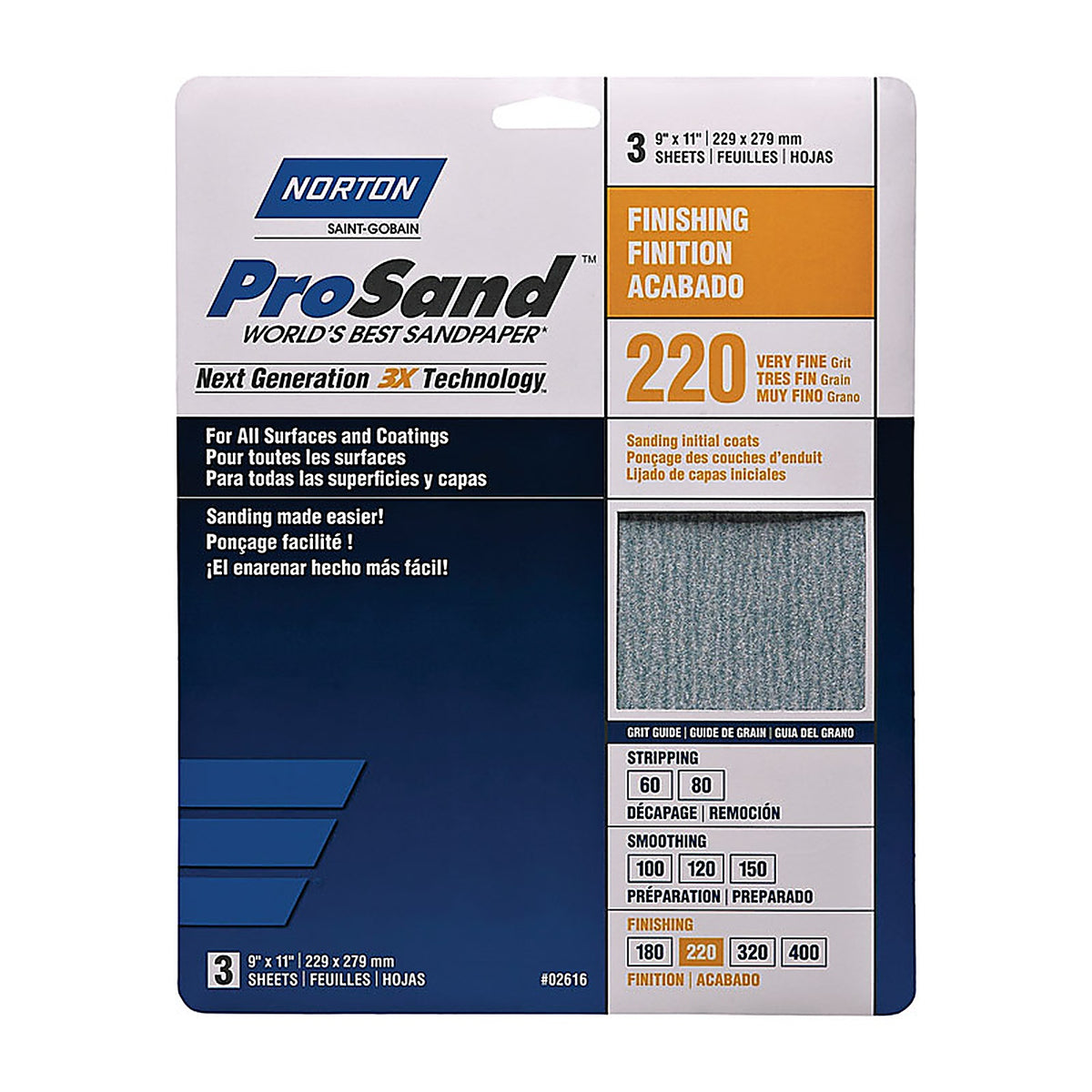 Norton - 7660768158 - ProSand 11 in. L x 9 in. W 220 Grit Aluminum Oxide Sandpaper - 3/Pack