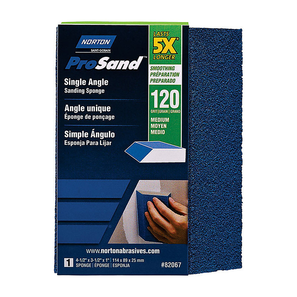 Norton - 7660782067 - ProSand 4.5 in. L x 3.5 in. W x 1 in. 120 Grit Medium Single Angle Sanding Sponge