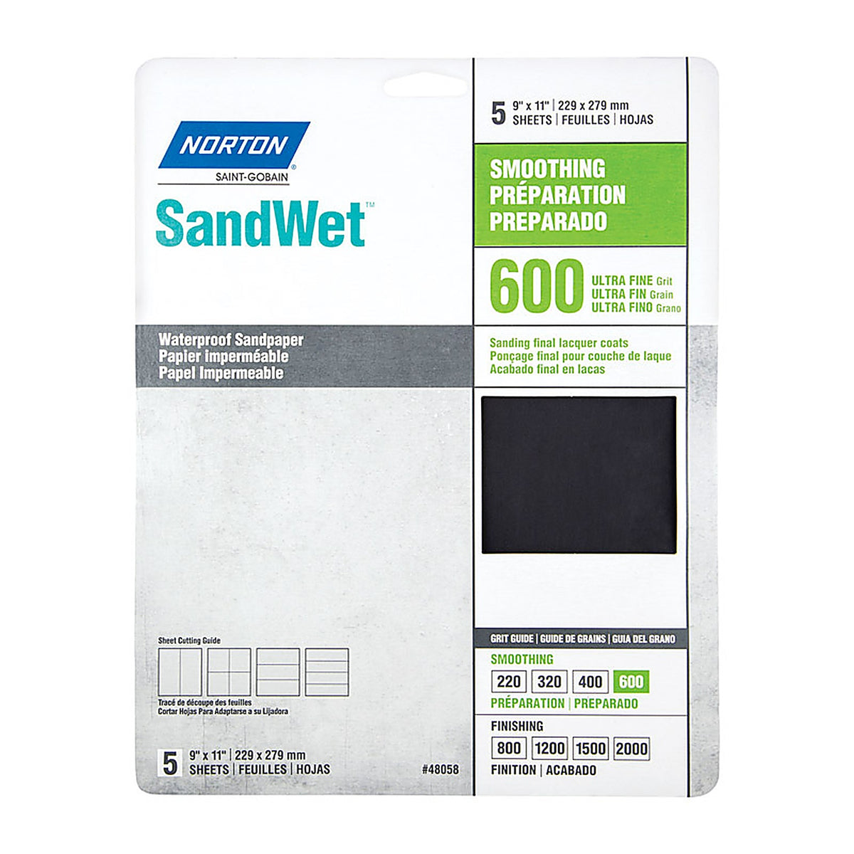 Norton - 7660748058 - SandWet 11 in. L x 9 in. W 600 Grit Aluminum Oxide Waterproof Sandpaper - 5/Pack
