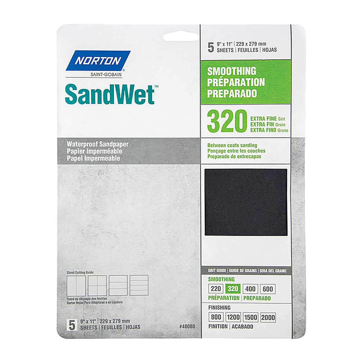Norton - 7660748080 - SandWet 11 in. L x 9 in. W 320 Grit Aluminum Oxide Waterproof Sandpaper - 5/Pack