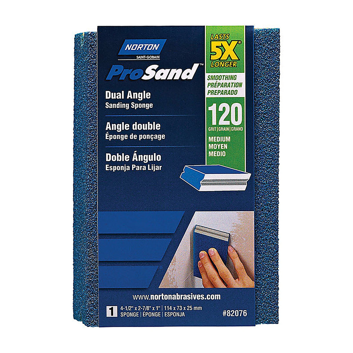 Norton - 7660782076 - ProSand 4.5 in. L x 2.88 in. W x 1 in. 120 Grit Medium Dual Angle Sanding Sponge