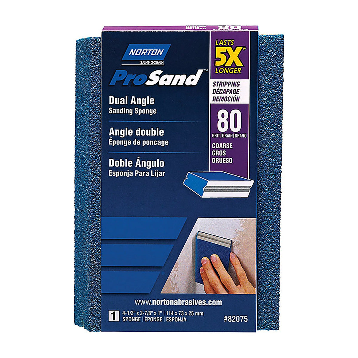 Norton - 7660782075 - ProSand 4.5 in. L x 2.88 in. W x 1 in. 80 Grit Coarse Dual Angle Sanding Sponge