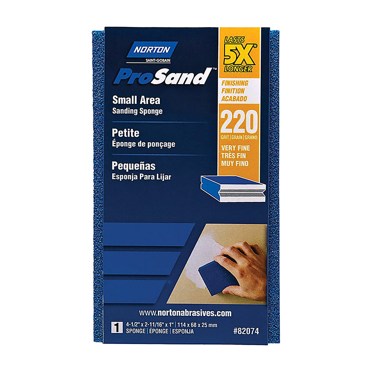 Norton - 7660782074 - ProSand 4.5 in. L x 2.69 in. W x 1 in. 220 Grit Very Fine Small Area Sanding Sponge