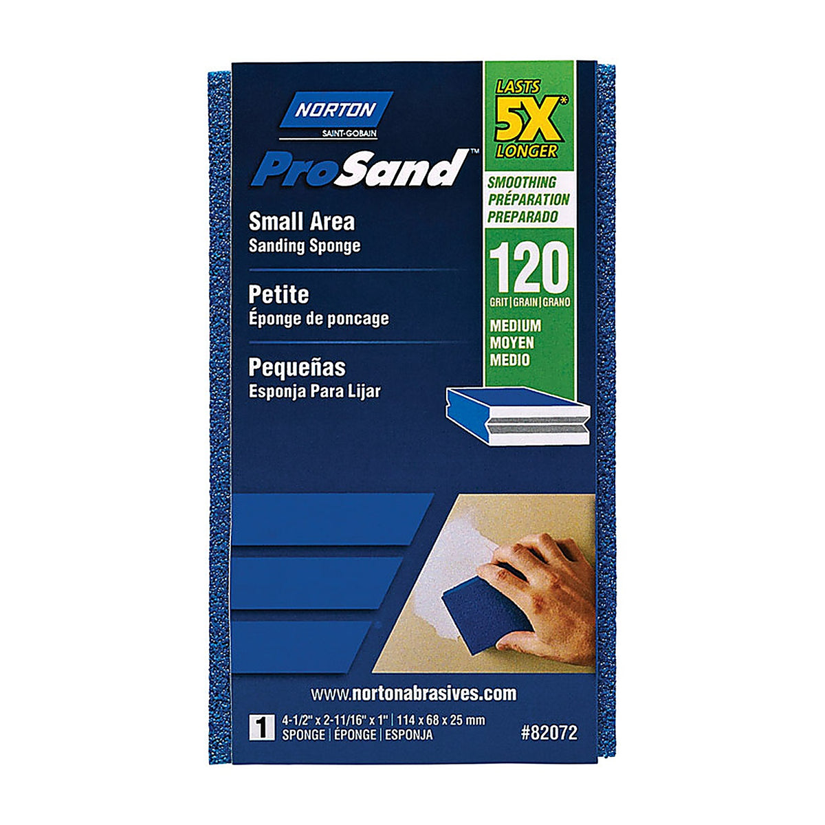 Norton - 7660782072 - ProSand 4.5 in. L x 2.69 in. W x 1 in. 120 Grit Medium Small Area Sanding Sponge