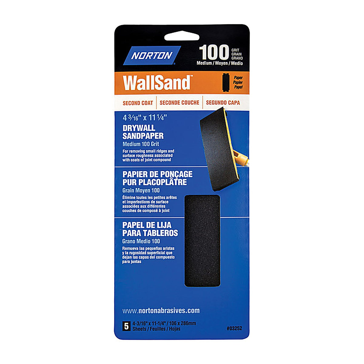 Norton - 7660701888 - WallSand 11-1/4 in. L x 4-3/16 in. W 100 Grit Silicon Carbide Sandpaper - 5/Pack