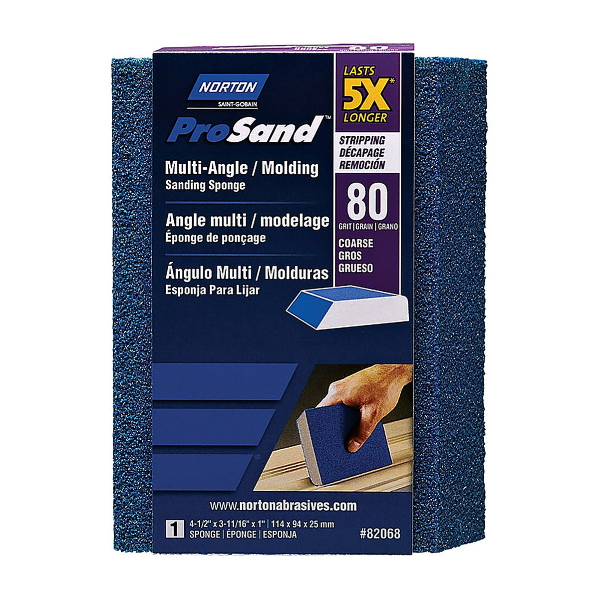 Norton - 07660782068 - ProSand 4.5 in. L X 3.6875 in. W X 1 in. 80 Grit Coarse Multi-Angle Sanding Sponge