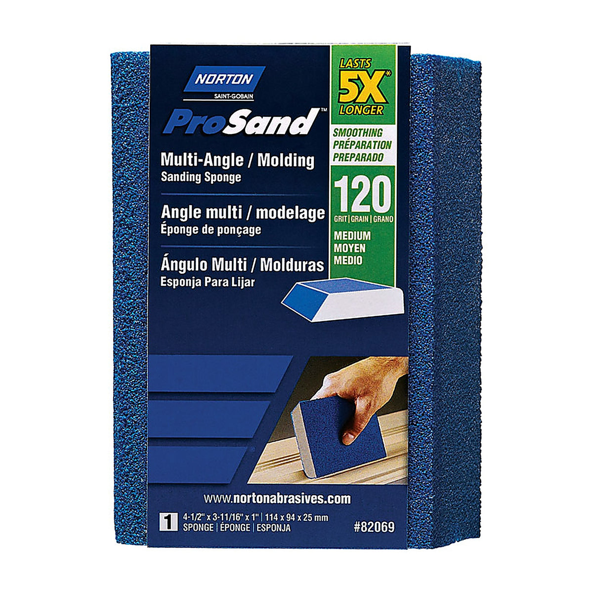 Norton - 07660782069 - ProSand 4.5 in. L X 3.6875 in. W X 1 in. 120 Grit Medium Multi-Angle Sanding Sponge