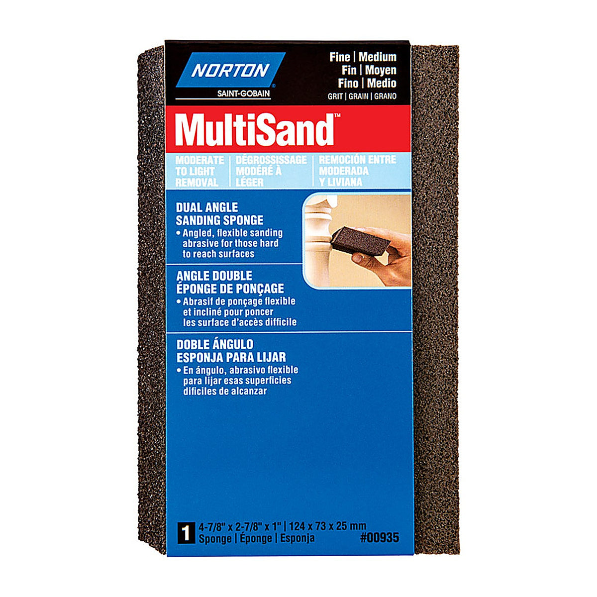 Norton - 7660700935 - 4.875 in. L x 2.88 in. W x 1 in. 80/120 Grit Fine/Medium Dual Angle Sanding Sponge