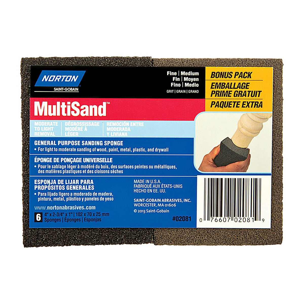 Norton - 7660702081 - MultiSand 4 in. L x 2.75 in. W x 1 in. Fine/Medium Dual Angle Sanding Sponge