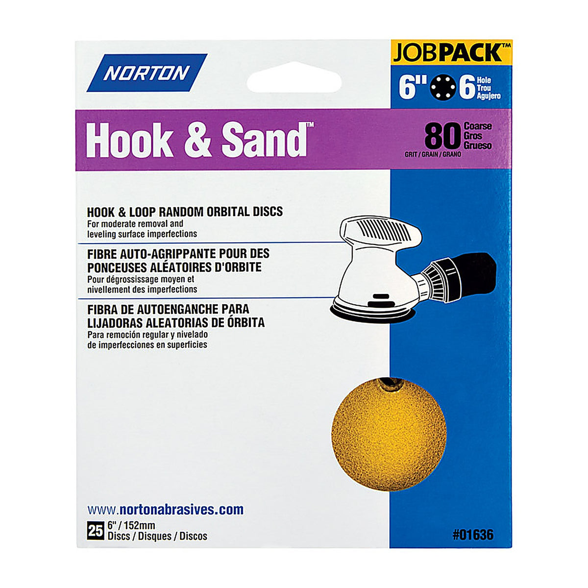 Norton - 07660701636 - Hook & Sand 6 in. Aluminum Oxide Hook and Loop A250/A290 Sanding Disc 80 Grit Coarse 25 pk