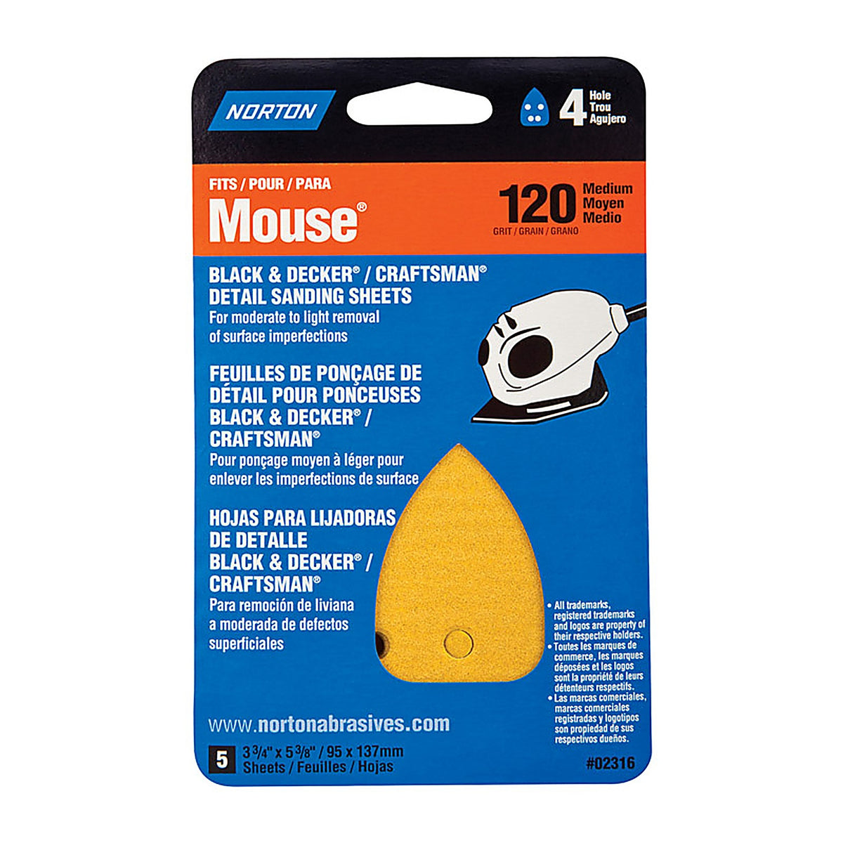 Norton - 07660702316 - 5-1/4 in. L X 3-3/4 in. W 120 Grit Aluminum Oxide Mouse Sandpaper 5 pk