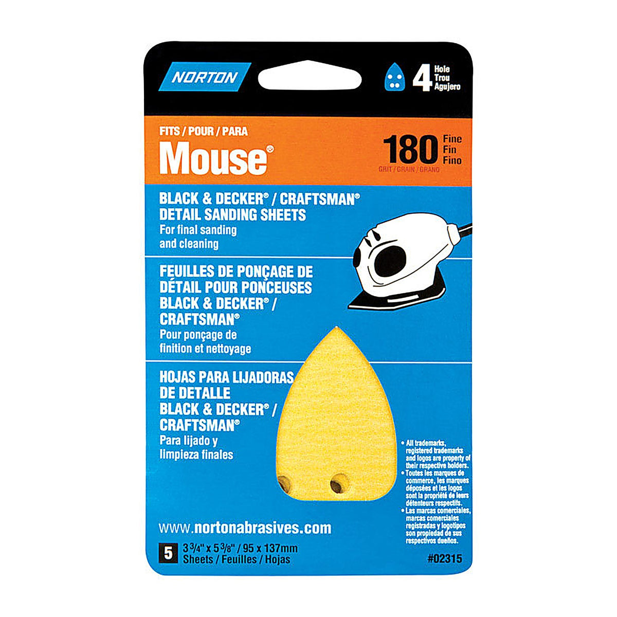Norton - 07660702315 - 5-1/4 in. L X 3-3/4 in. W 180 Grit Aluminum Oxide Mouse Sandpaper 5 pk
