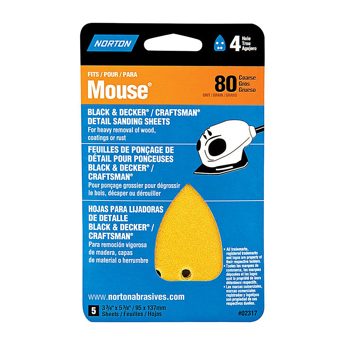 Norton - 07660702317 - 5-1/4 in. L X 3-3/4 in. W 80 Grit Aluminum Oxide Mouse Sandpaper 5 pk