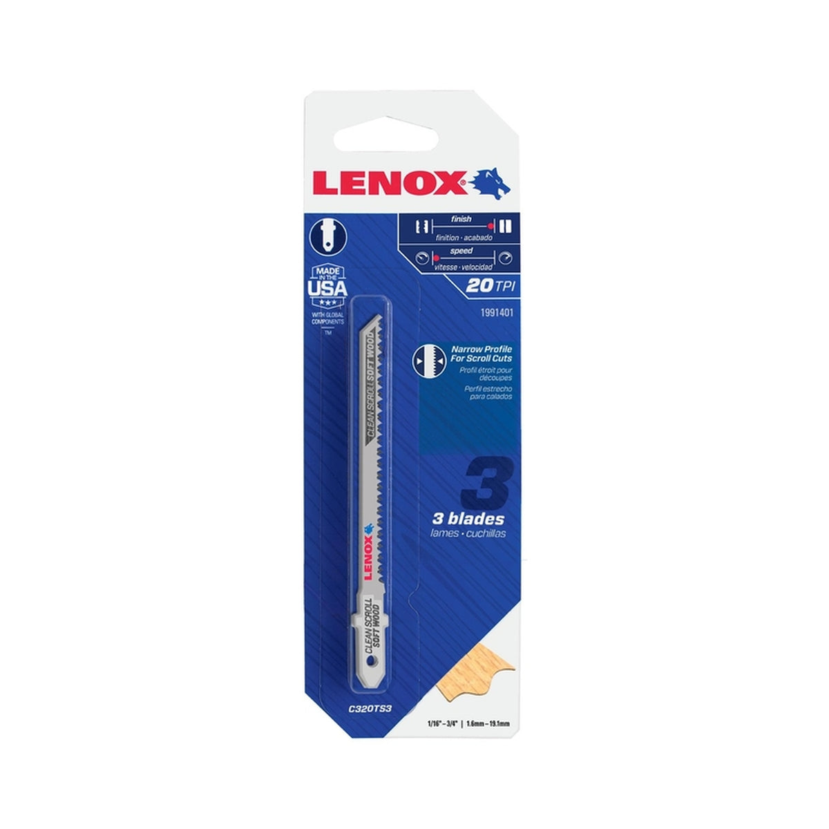 Lenox - 1991401 - 3-1/2 in. Metal T-Shank Clean Scroll Jig Saw Blade 20 TPI - 3/Pack