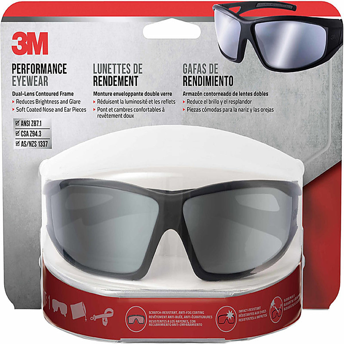 3M - 90213-HZ4-NA - Anti-Fog Modern/Sleek Impact-Resistant Safety Glasses Silver Mirror Lens Black Frame 1/pc.