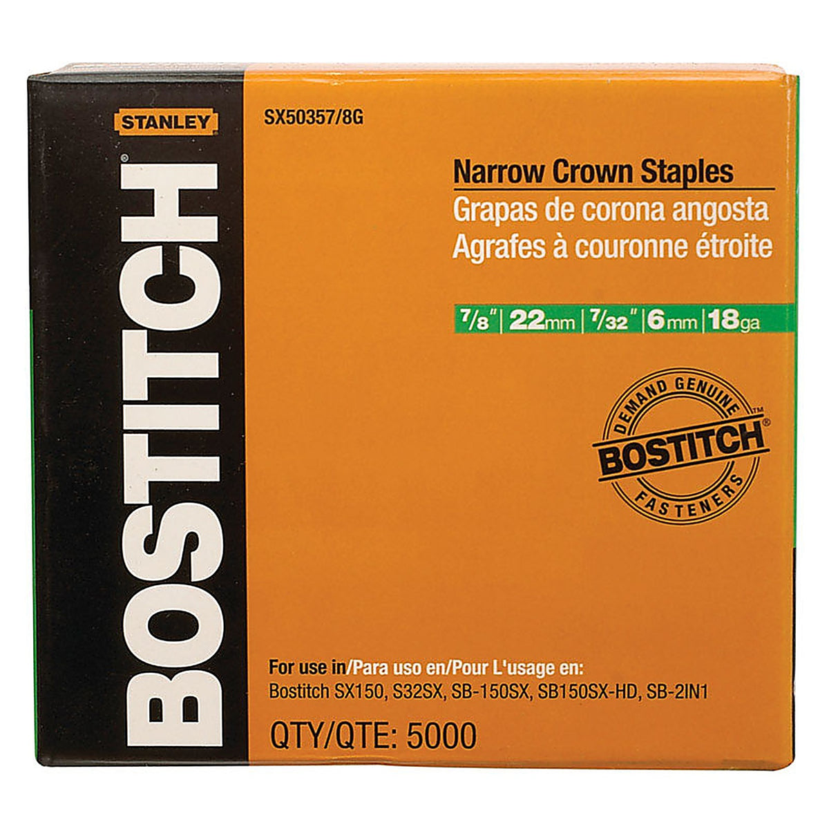 Stanley Bostitch - SX50357/8G - 7/32 in. W x 7/8 in. L 18 Ga. Narrow Crown Caps and Staples - 5000/Pack