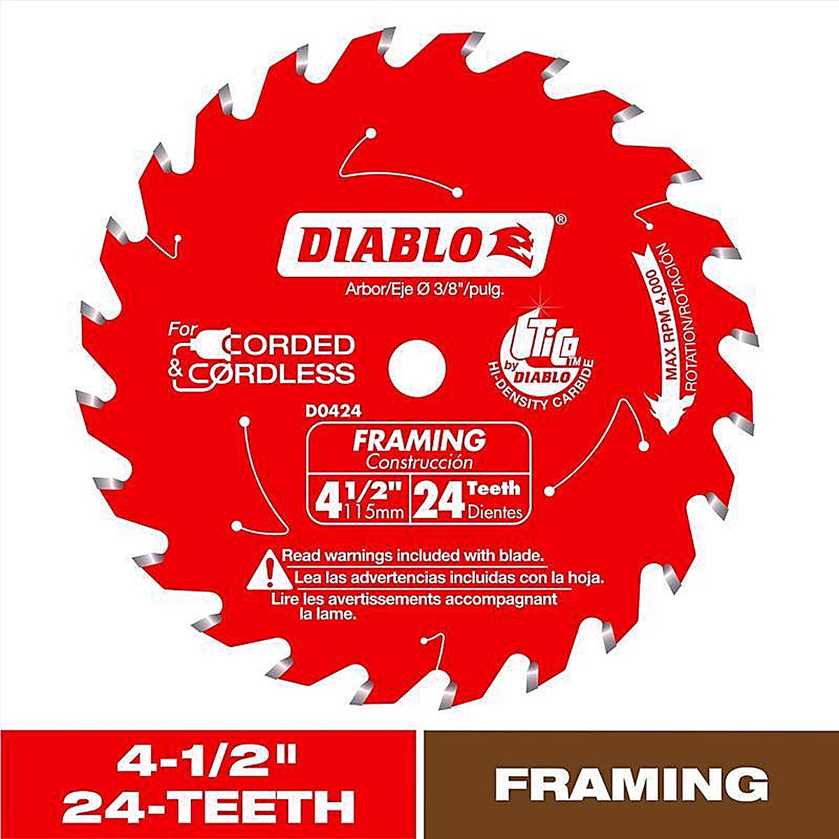 Diablo - D0424X - 4-1/2 in. D X 3/8 in. S Carbide Framing Saw Blade 24 teeth 1 pk
