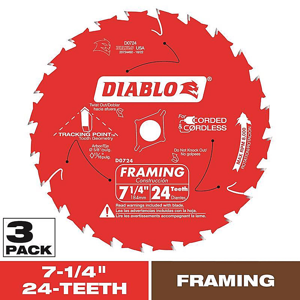 Diablo - D0724X3 - Tracking Point 7-1/4 in. D X 5/8 in. S Carbide Framing Saw Blade 24 teeth 3 pk