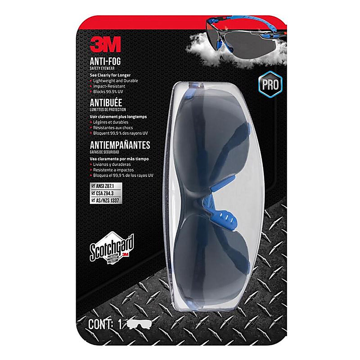 3M - 47211H1-VDC - Scotchgard Anti-Fog Modern/Sleek Impact-Resistant Safety Glasses Gray Lens Black/Blue Frame 1/pc.