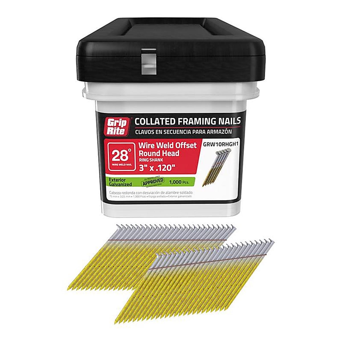 Grip-Rite - GRW10RHGH1 - 3 in. Angled Strip Framing Nails 28 deg. Ring Shank - 1000/Pack
