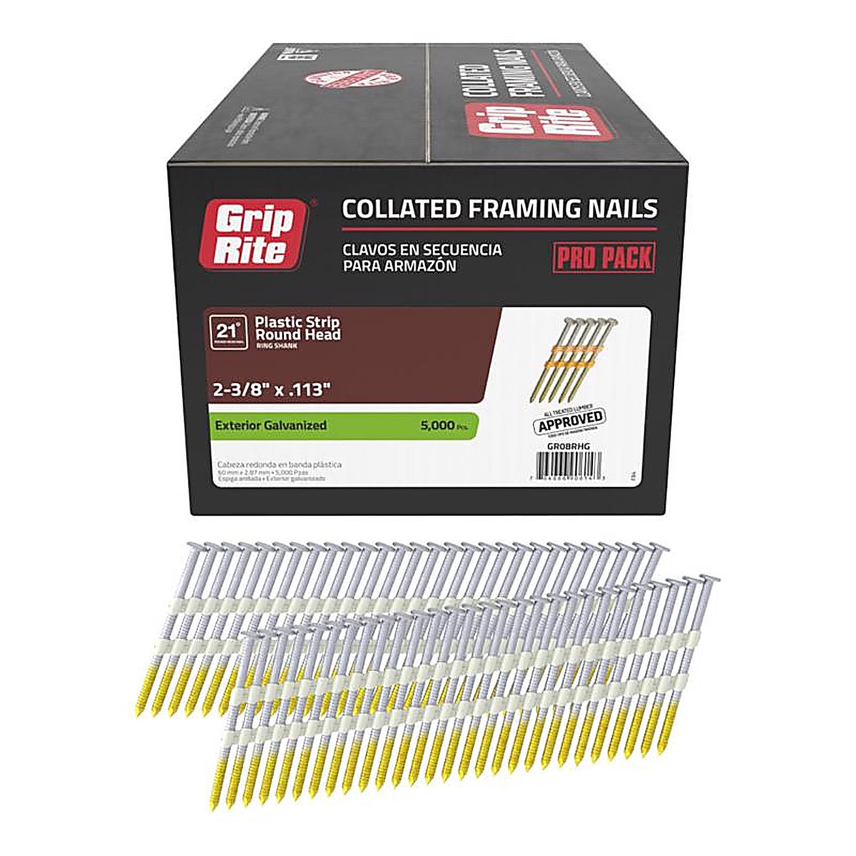 Grip-Rite - GR08RHG - 2-3/8 in. 12 Ga. Angled Strip Framing Nails 21 deg. Ring Shank - 5000/Pack
