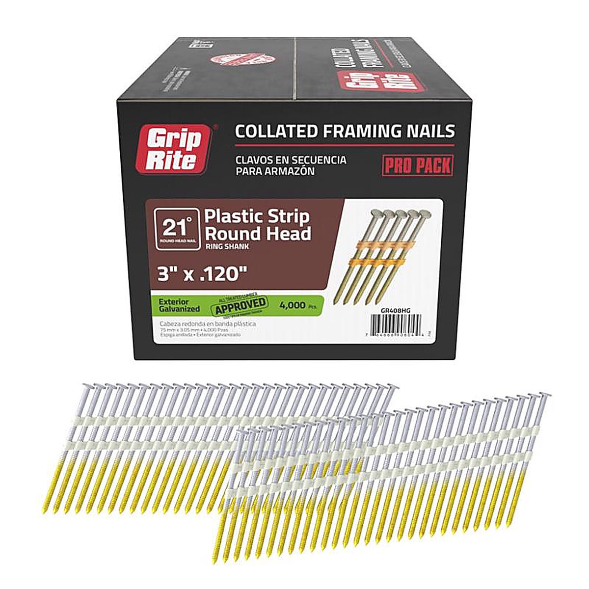 Grip-Rite - GR408HG - 3 in. 11 Ga. Angled Strip Framing Nails 21 deg. Ring Shank 4000/Pack