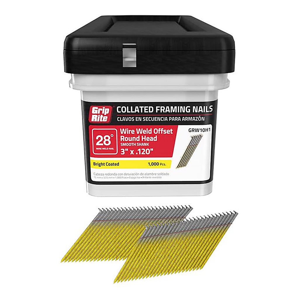 Grip-Rite - GRW10H1 - 3 in. Angled Strip Framing Nails 28 deg. Smooth Shank - 1000/Pack