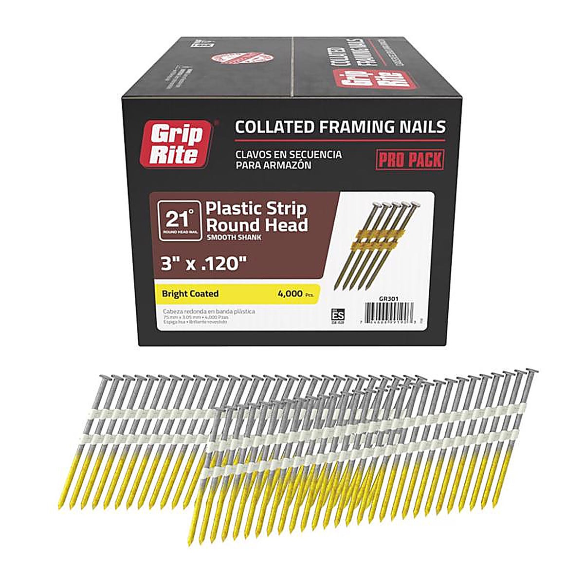 Grip-Rite - GR301 - 3 in. 11 Ga. Angled Strip Framing Nails 21 deg. Smooth Shank 4000/Pack