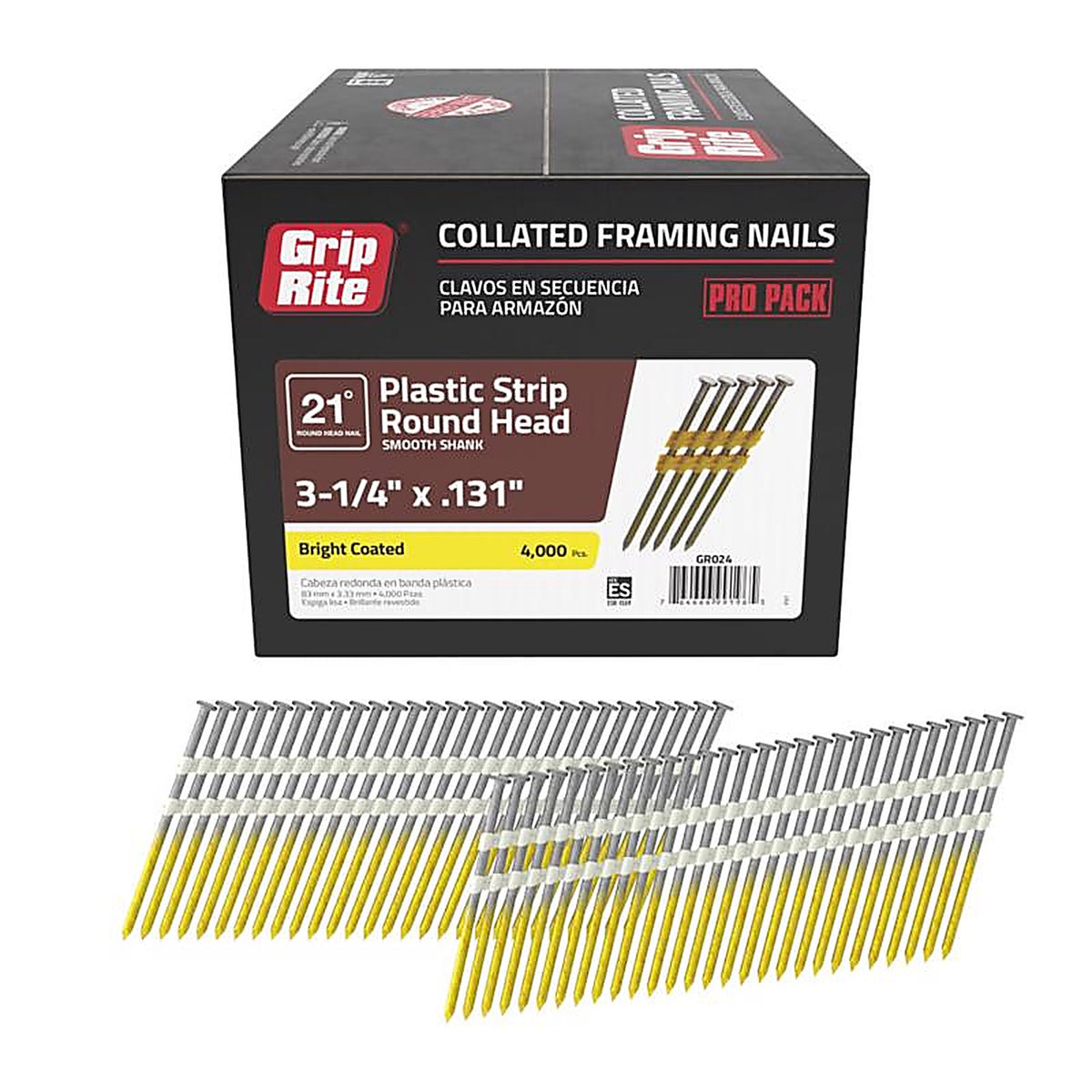 Grip-Rite - GR024 - 3-1/4 in. 10-1/4 Ga. Angled Strip Framing Nails 21 deg. Smooth Shank 4000/Pack