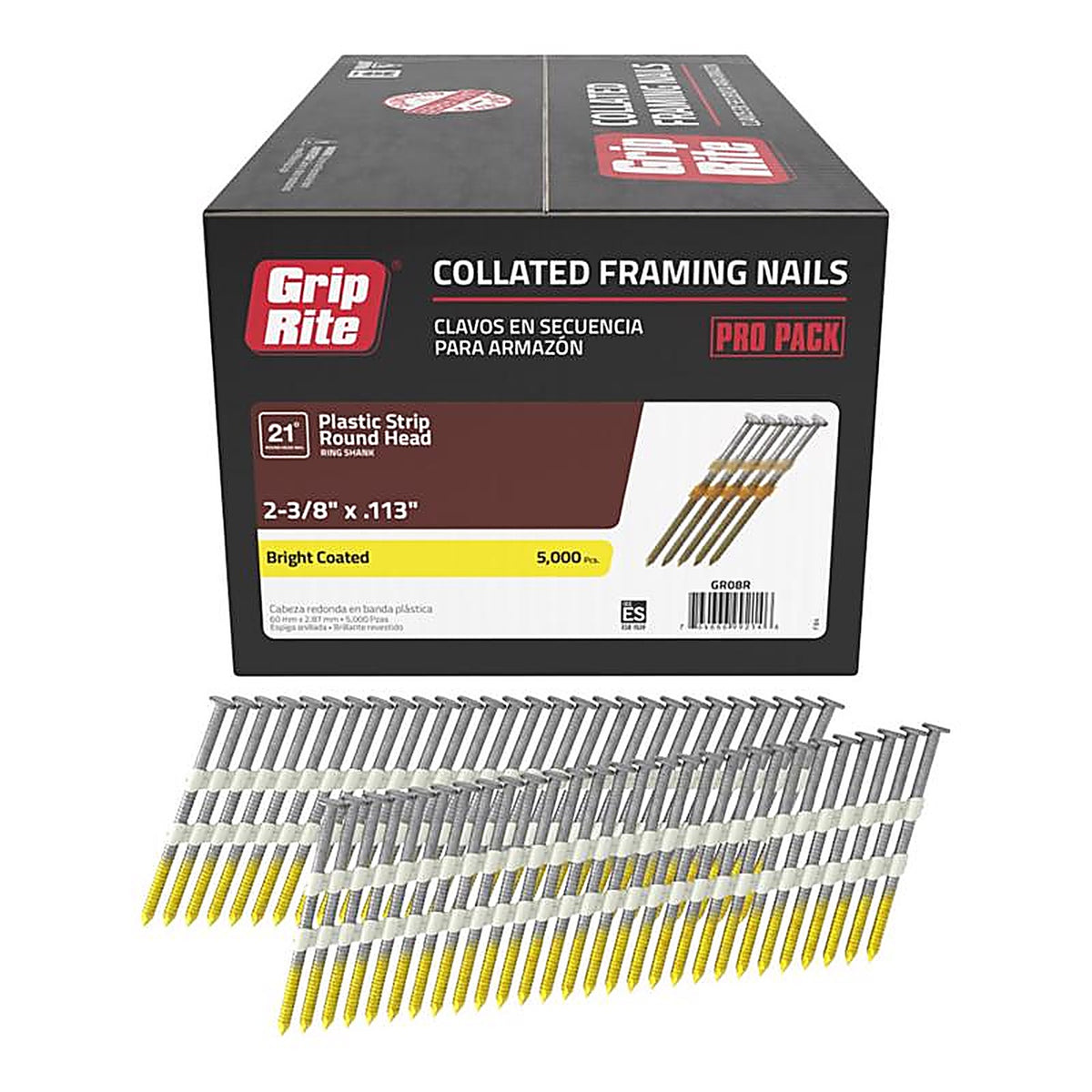 Grip-Rite - GR08R - 2-3/8 in. 12 Ga. Angled Strip Framing Nails 21 deg. Ring Shank - 5000/Pack
