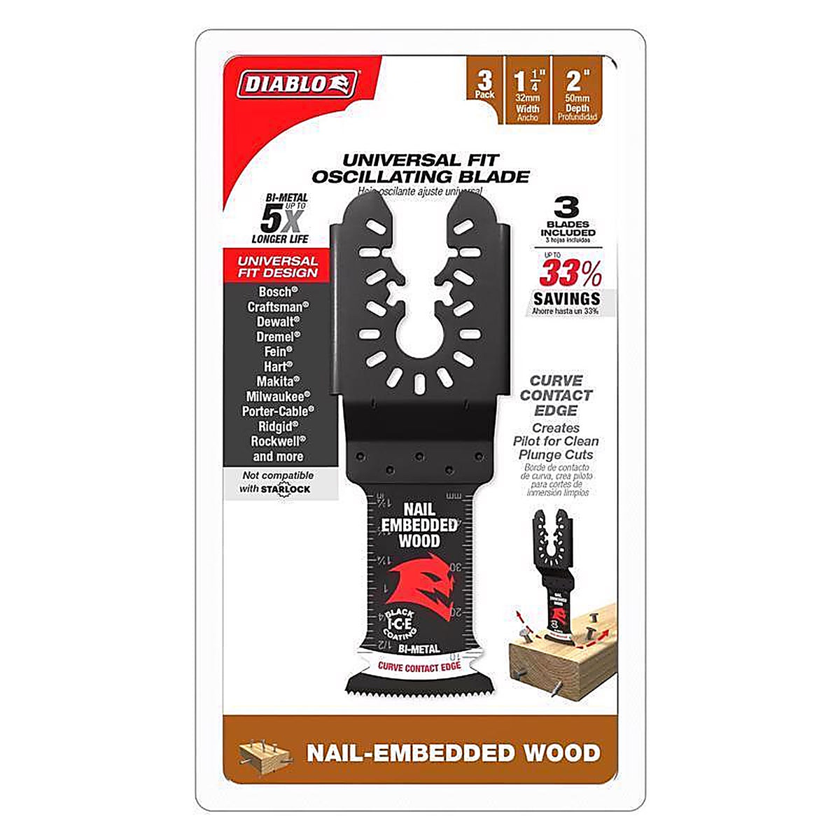 Diablo - DOU125BW3 - 1-1/4 in. X 1-1/4 in. W Bi-Metal Oscillating Blade Nail-Embedded Wood 3 pk